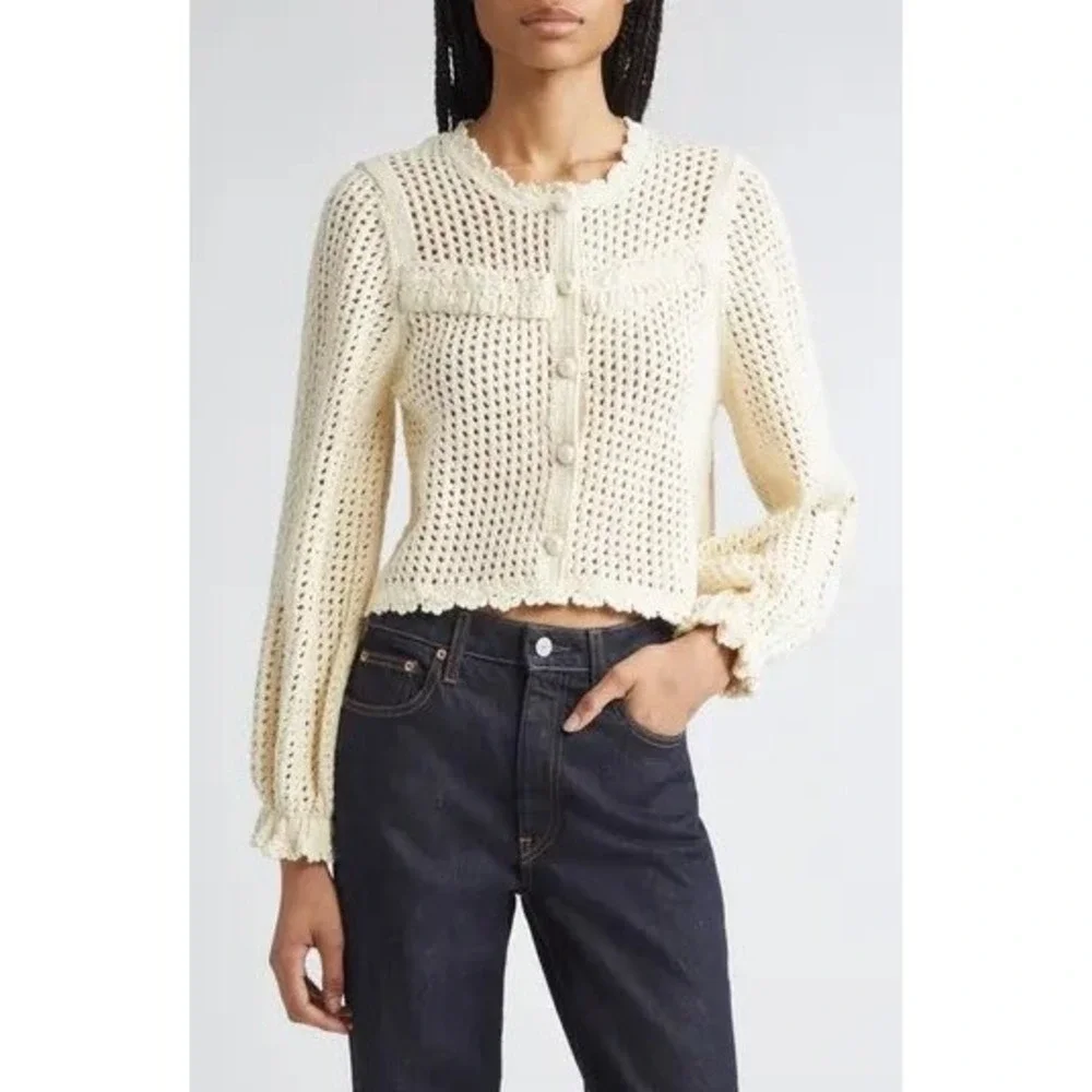Cinq a Sept Ivory Crochet Cardigan Scalloped Open Knit Button Sweater NWT Sz L